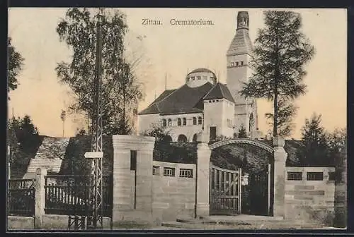 AK Zittau, Krematorium im Abendlicht
