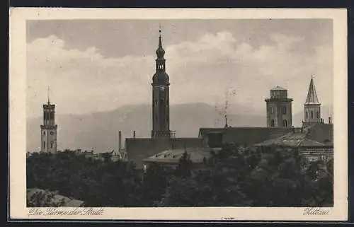AK Zittau, Blick auf die Türme der Stadt