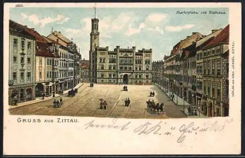 Lithographie Zittau, Marktplatz mit Rathaus