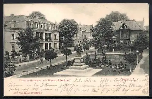 AK Zittau, Dornspachstrasse mit Bismarckdenkmal