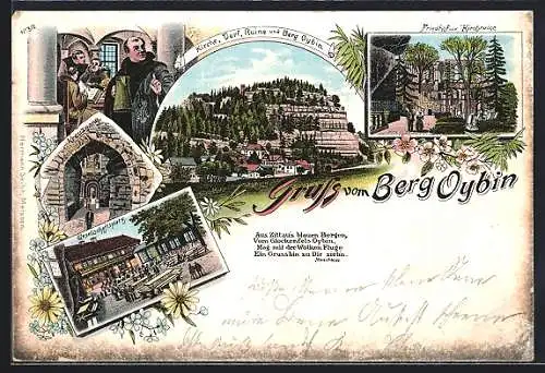 Lithographie Oybin, Kirche Dorf und Ruine, Friedhof und Kirchruine, Kreuzgang, Gesellschaftsplatz