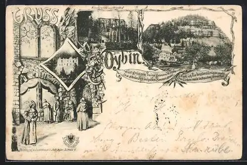 AK Oybin, Kirchruine mit Friedhof, Refectorium, Mönche, Totalansicht