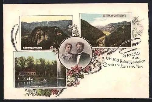 AK Oybin, Naturheilstation A.Uhlig mit Aussicht vom Pferdeberge, Gebirgsthal Teufelsmühle, See