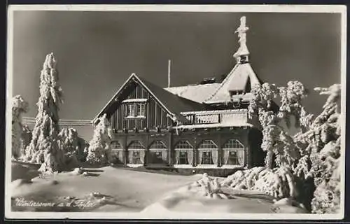 AK Oybin, Die Töpferbaude im Winter