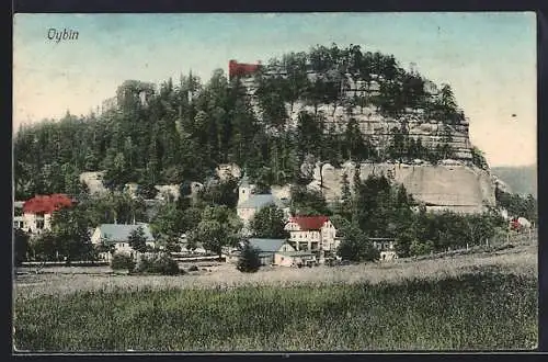 AK Oybin, Ortspanorama mit Berg Oybin