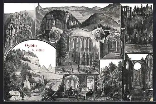 Künstler-AK Oybin /Zittau, Ortsansichten, Kirchen Ruine, Blick vom Pferdekopf