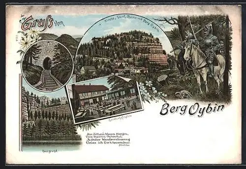Lithographie Oybin, Hausgrund, Gesellschaftsplatz, Kirche, Dorf, Ruine & Berg Oybin
