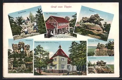 AK Oybin, Gasthaus Töpferbaude, Felsentor, Papagei