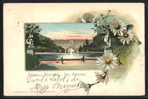 Lithographie Stuttgart, Kgl.Anlagen mit Springbrunnen