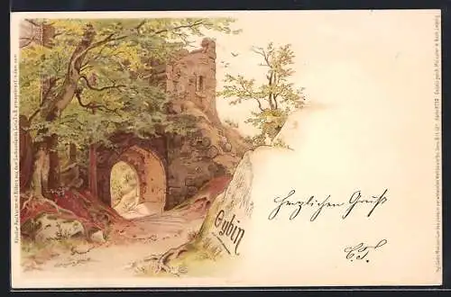 Lithographie Oybin, Partie an der Burg