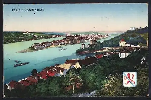 AK Passau, Totalansicht, Wappen, Dampfer
