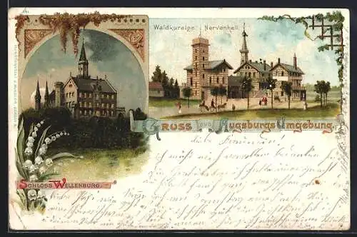 Lithographie Augsburg, Schloss Wellenburg bei Nacht, Waldkuralpe Nervenheil