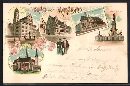 Lithographie Augsburg, Blick auf Rathaus, Residenz und Augustus-Brunnen
