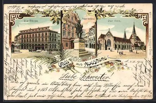 Lithographie Augsburg, Börse, Dom, Fugger-Denkmal