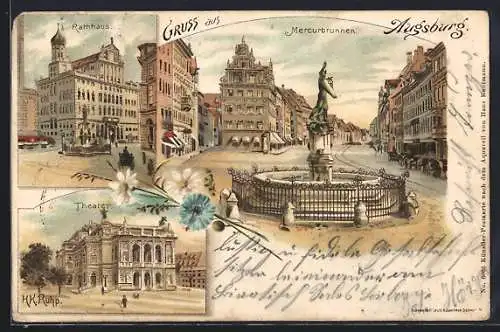 Lithographie Augsburg, Rathaus, Mercurbrunnen und Theater