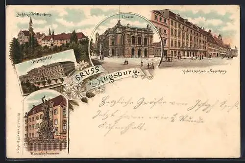 Lithographie Augsburg, Hotel 3 Mohren und Fuggerhaus, Theater mit Passanten, Justizpalast
