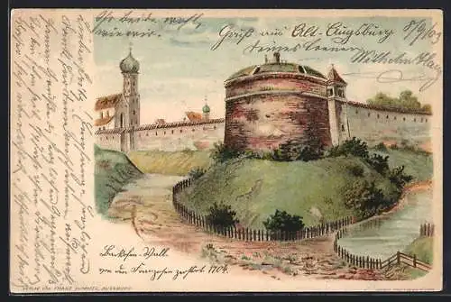 Künstler-AK Augsburg, Ortsansicht mit Stadtmauer