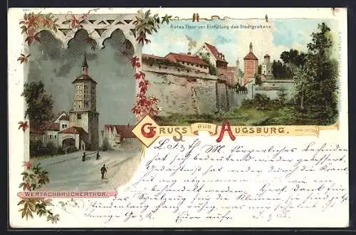 Lithographie Augsburg, Wertachbrückerthor, Rotes Thor