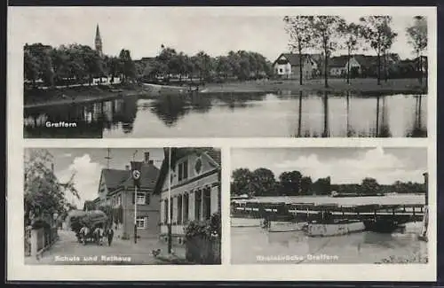 AK Greffern, Schule und Rathaus mit banner, Rheinbrücke