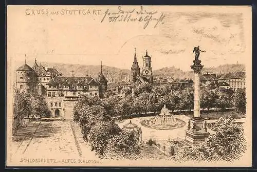 Künstler-AK Stuttgart, Schlossplatz und altes Schloss mit Denkmal