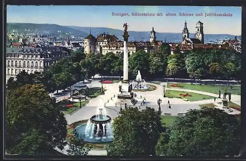 AK Stuttgart, Schlossplatz mit altem Schloss und Jubiläumsäule
