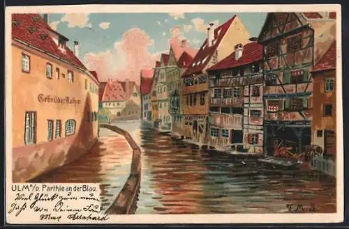 Künstler-AK Ulm a. D., Blau mit Geschäft der Gebrüder Nathan