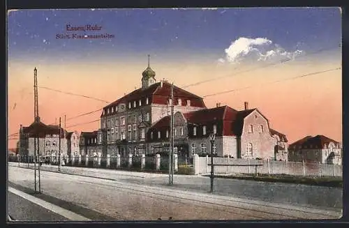 AK Essen / Ruhr, Städt. Krankenanstalten mit Strassenpartie