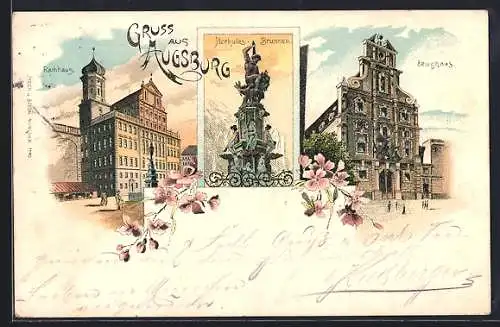 Lithographie Augsburg, Herkules-Brunnen, Rathaus, Zeughaus