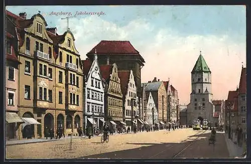 AK Augsburg, Blick in die Jakoberstrasse, Strassenbahn