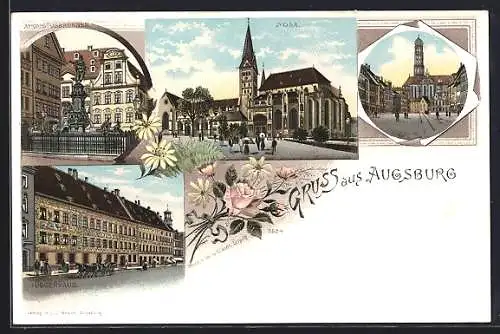 Lithographie Augsburg, Dom, Augustusbrunnen, Fuggerhaus