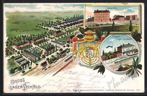 Lithographie Lager Lechfeld, Kaserne mit Bahnhof & Lazarett, Wappen