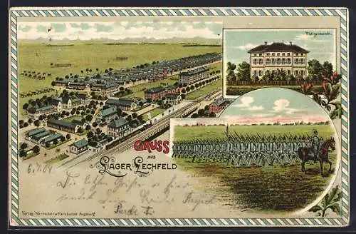 Lithographie Lager-Lechfeld, Baracken-Lager aus der Vogelschau, Platzkommando, Regiment