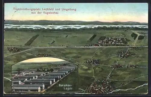 AK Lager Lechfeld, Truppenübungsplatz mit Graben, Kloster Lechfeld und Bahnhof Kloster, Barackenlager