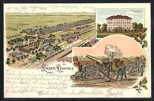 Lithographie Lager Lechfeld, Soldaten bei Artillerie-Übungen, Platzcommando