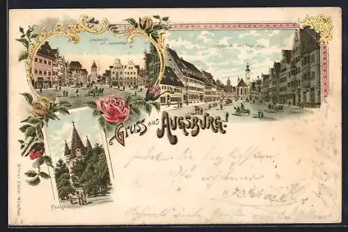 Lithographie Augsburg, Jakoberstrasse mit Jakobertor und Fünfgrauturm