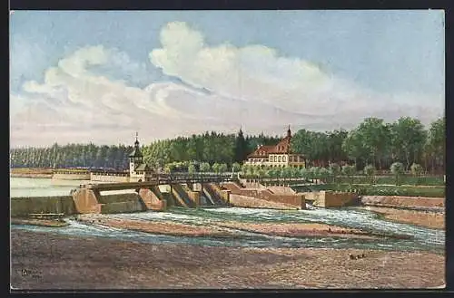 Künstler-AK Augsburg, Blick auf das Lechwehr am Hochablass