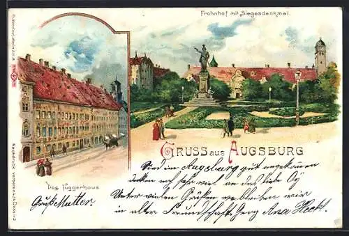 Lithographie Augsburg, Frohnhof mit Siegesdenkmal, Fuggerhaus