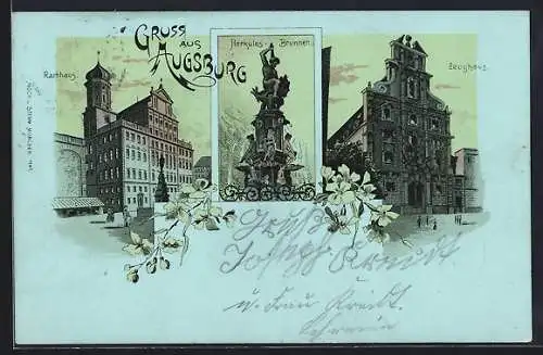 Lithographie Augsburg, Zeughaus, Rathaus und Herkules-Brunnen