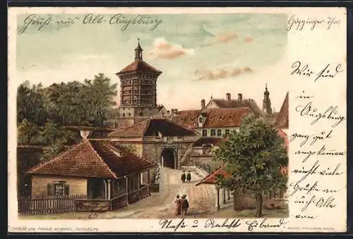 Lithographie Augsburg, Teilansicht mit Gögginger Thor