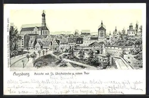 AK Augsburg, St. Ulrichskirche und rotes Tor