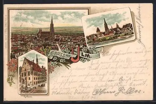 Lithographie Ulm / Donau, Teilansicht mit Münster, Rathaus, Uferpartie