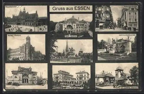 AK Essen, Hauptbahnhof, Kaiserl. Postamt, Stadttheater, Villa Hügel, Kettwigerstrasse, Jahrhundertbrunnen, Burgplatz