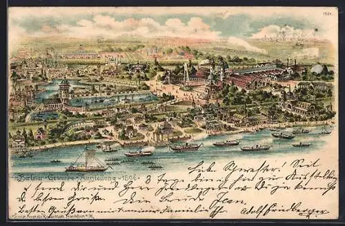 Lithographie Berlin, Gewerbe-Ausstellung 1896, Totalansicht vom Ausstellungsgelände