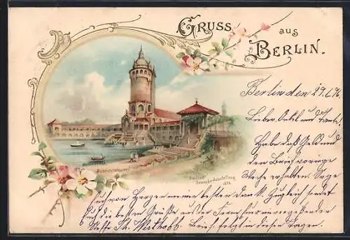 Lithographie Berlin, Gewerbe-Ausstellung 1896, Restaurant, Ausssichtsturm