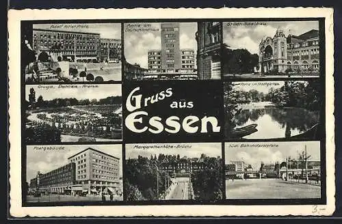 AK Essen, Ortspartien Platz, Margarethenhöhe-Brücke und Dahlien-Arena