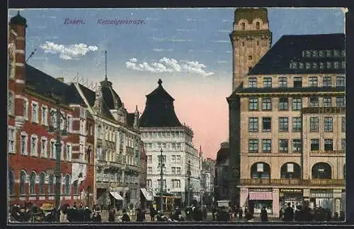 AK Essen, Marktpartie mit Blick in die Kettwigerstrasse mit Strassenbahn