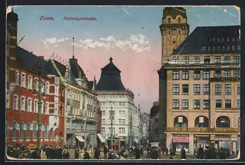AK Essen, Marktpartie mit Blick in die Kettwigerstrasse mit Strassenbahn