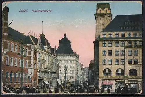 AK Essen, Marktpartie mit Blick in die Kettwigerstrasse mit Strassenbahn