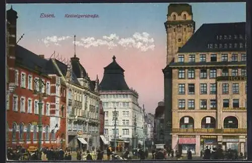 AK Essen, Marktpartie mit Blick in die Kettwigerstrasse mit Strassenbahn