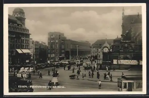 AK Essen, Bahnhofsvorplatz mit Börse und Strassenbahn